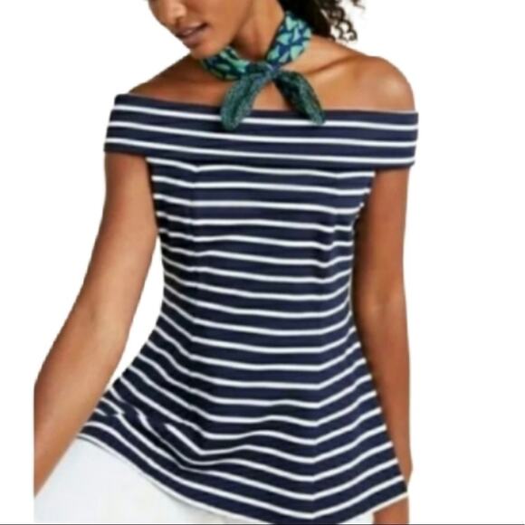 Anthro Maeve blouse women's XS navy blue stripe off the shoulder nautical top - Picture 2 of 9